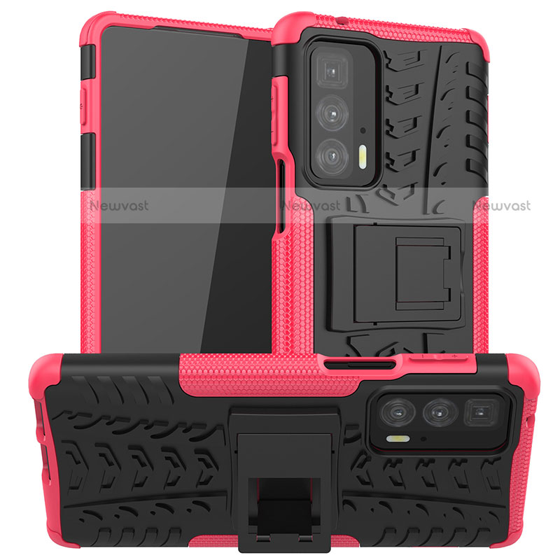 Silicone Matte Finish and Plastic Back Cover Case with Stand A01 for Motorola Moto Edge 20 Pro 5G Hot Pink