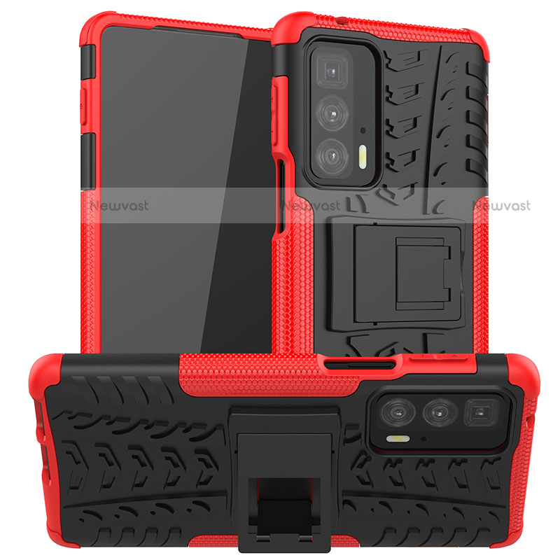 Silicone Matte Finish and Plastic Back Cover Case with Stand A01 for Motorola Moto Edge 20 Pro 5G Red
