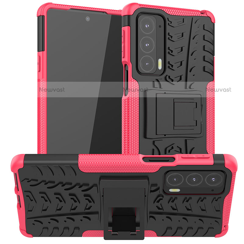 Silicone Matte Finish and Plastic Back Cover Case with Stand A01 for Motorola Moto Edge Lite 5G Hot Pink