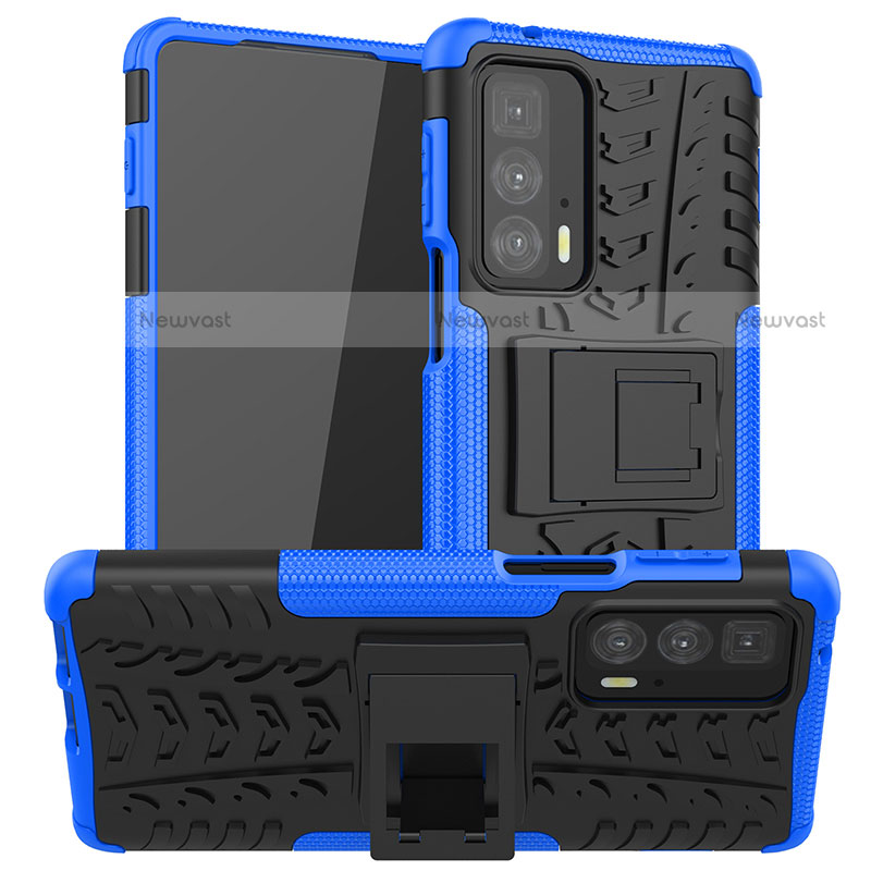 Silicone Matte Finish and Plastic Back Cover Case with Stand A01 for Motorola Moto Edge S Pro 5G Blue