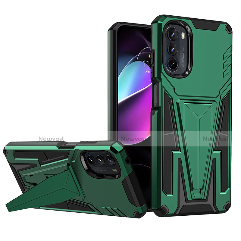 Silicone Matte Finish and Plastic Back Cover Case with Stand A01 for Motorola Moto G 5G (2022)
