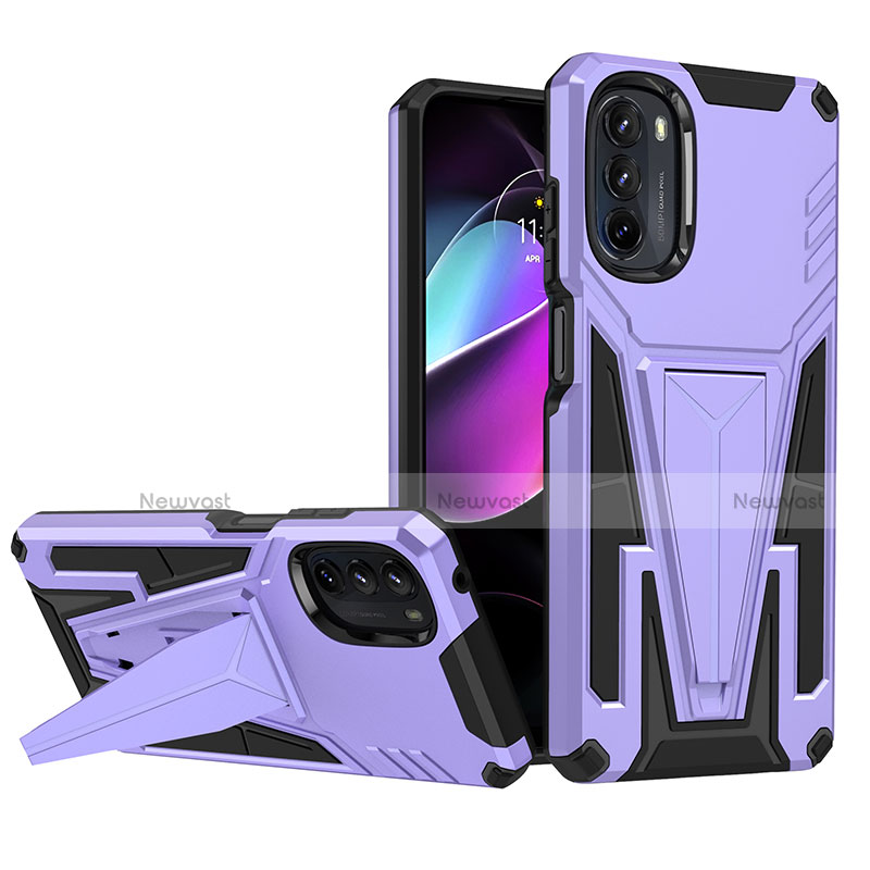 Silicone Matte Finish and Plastic Back Cover Case with Stand A01 for Motorola Moto G 5G (2022) Purple