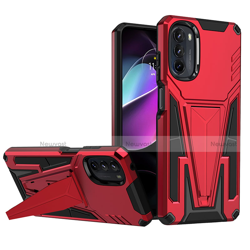 Silicone Matte Finish and Plastic Back Cover Case with Stand A01 for Motorola Moto G 5G (2022) Red