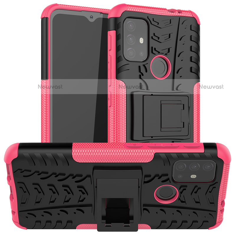 Silicone Matte Finish and Plastic Back Cover Case with Stand A01 for Motorola Moto G10 Hot Pink