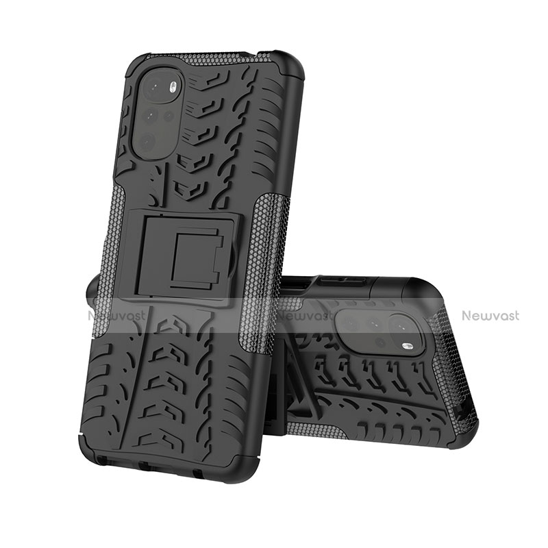 Silicone Matte Finish and Plastic Back Cover Case with Stand A01 for Motorola Moto G22 Black