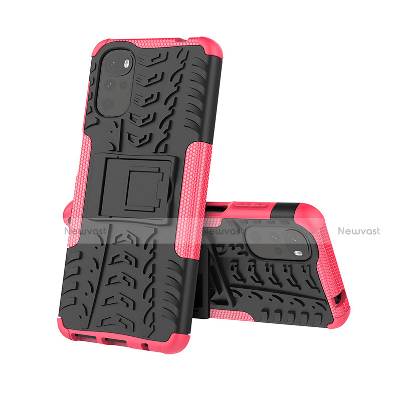 Silicone Matte Finish and Plastic Back Cover Case with Stand A01 for Motorola Moto G22 Hot Pink
