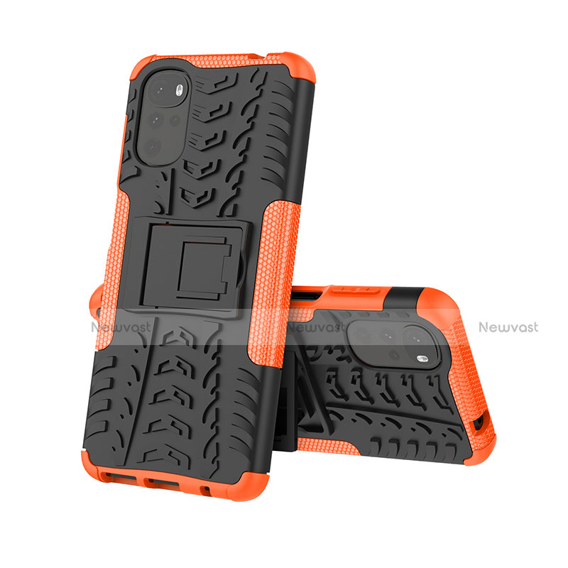 Silicone Matte Finish and Plastic Back Cover Case with Stand A01 for Motorola Moto G22 Orange