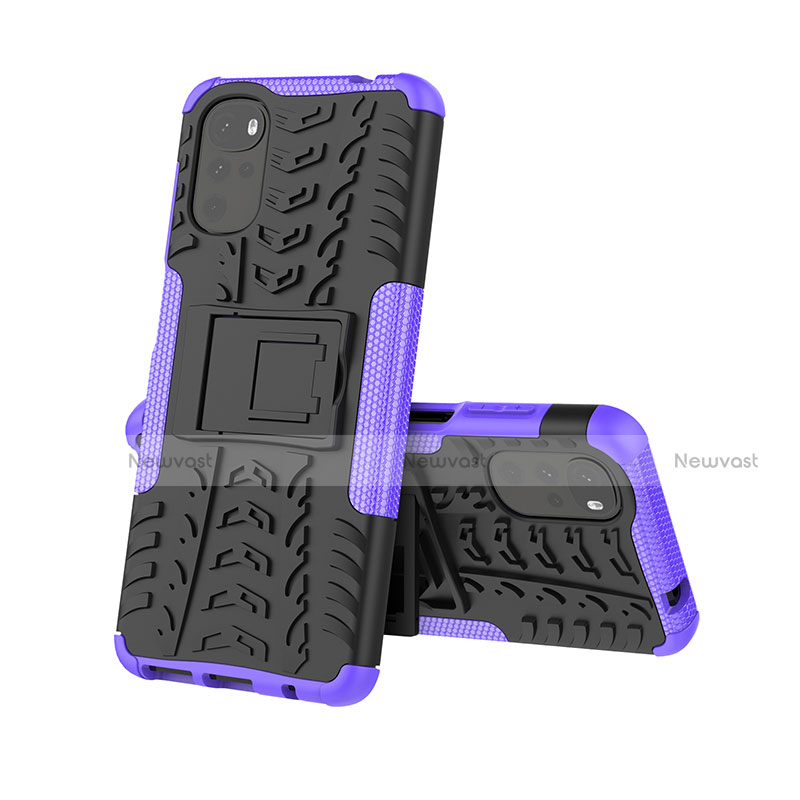 Silicone Matte Finish and Plastic Back Cover Case with Stand A01 for Motorola Moto G22 Purple