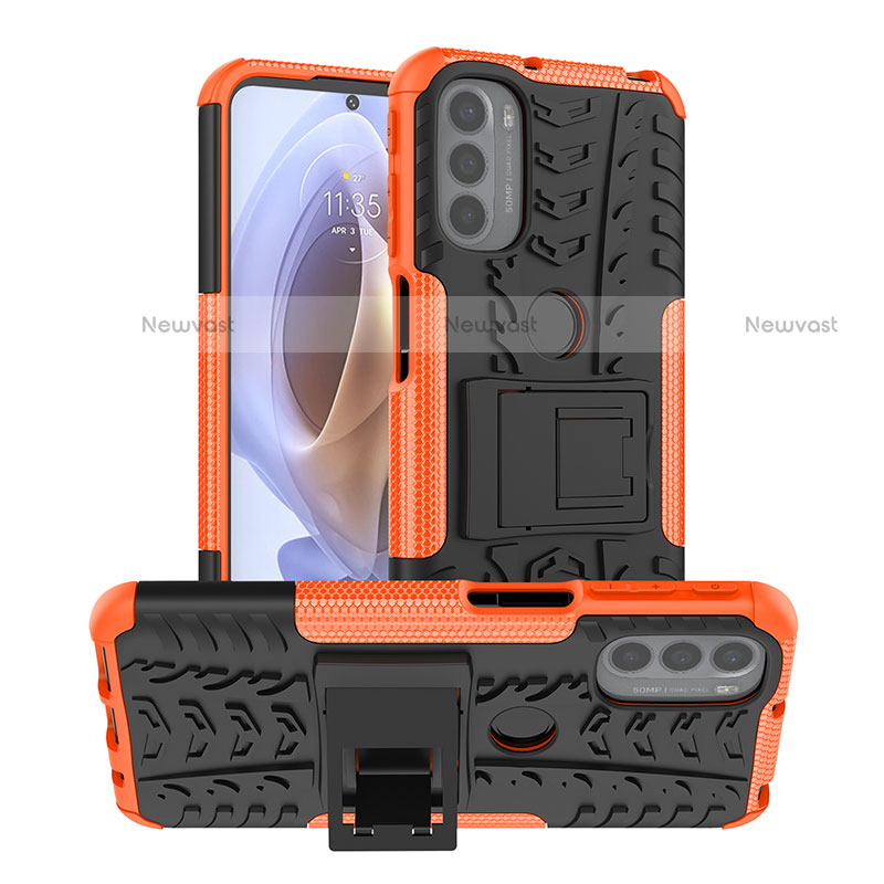 Silicone Matte Finish and Plastic Back Cover Case with Stand A01 for Motorola Moto G31 Orange