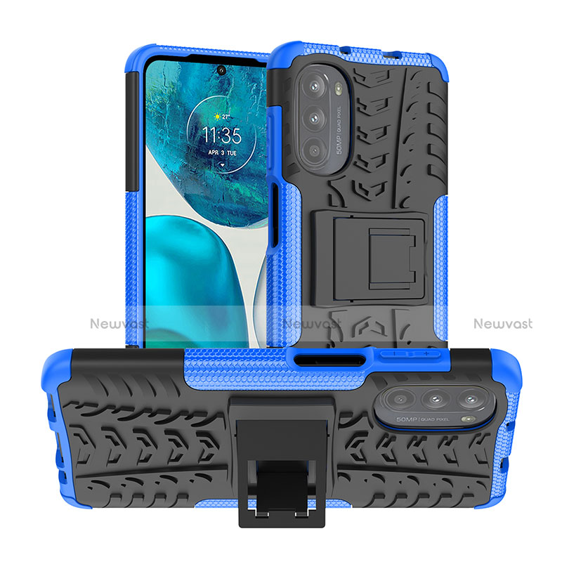 Silicone Matte Finish and Plastic Back Cover Case with Stand A01 for Motorola MOTO G52 Blue