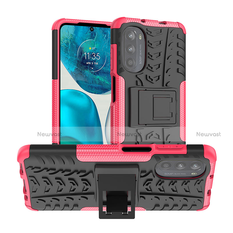 Silicone Matte Finish and Plastic Back Cover Case with Stand A01 for Motorola MOTO G52 Hot Pink