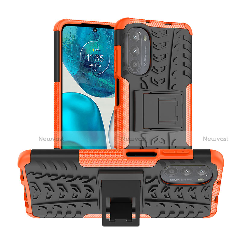 Silicone Matte Finish and Plastic Back Cover Case with Stand A01 for Motorola MOTO G52 Orange