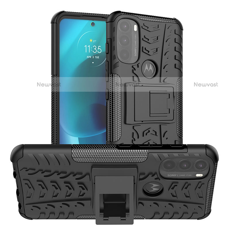 Silicone Matte Finish and Plastic Back Cover Case with Stand A01 for Motorola Moto G71 5G Black