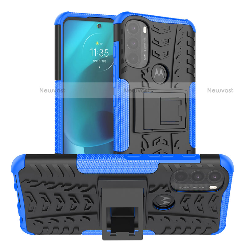 Silicone Matte Finish and Plastic Back Cover Case with Stand A01 for Motorola Moto G71 5G Blue
