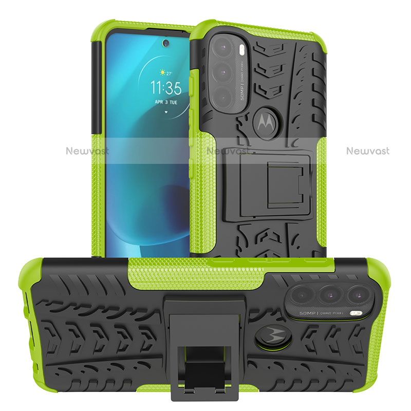 Silicone Matte Finish and Plastic Back Cover Case with Stand A01 for Motorola Moto G71 5G Green