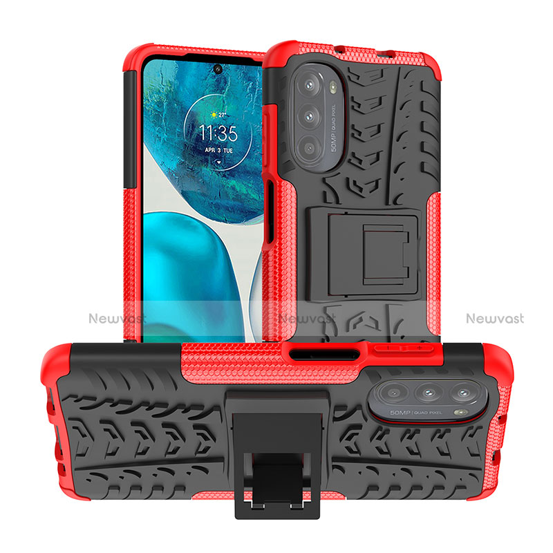 Silicone Matte Finish and Plastic Back Cover Case with Stand A01 for Motorola Moto G82 5G