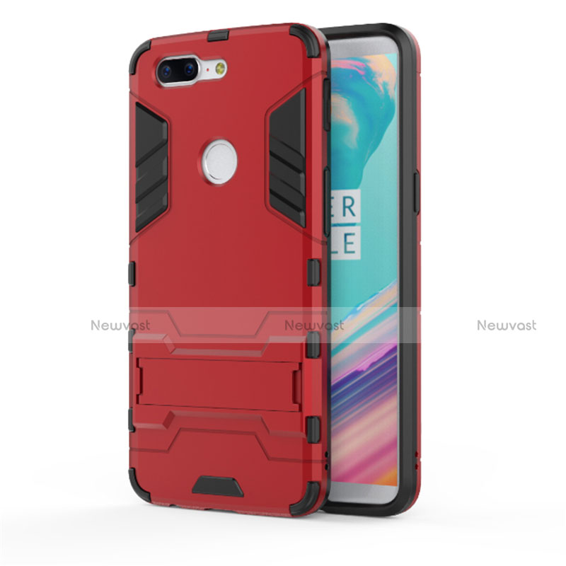Silicone Matte Finish and Plastic Back Cover Case with Stand A01 for OnePlus 5T A5010 Red