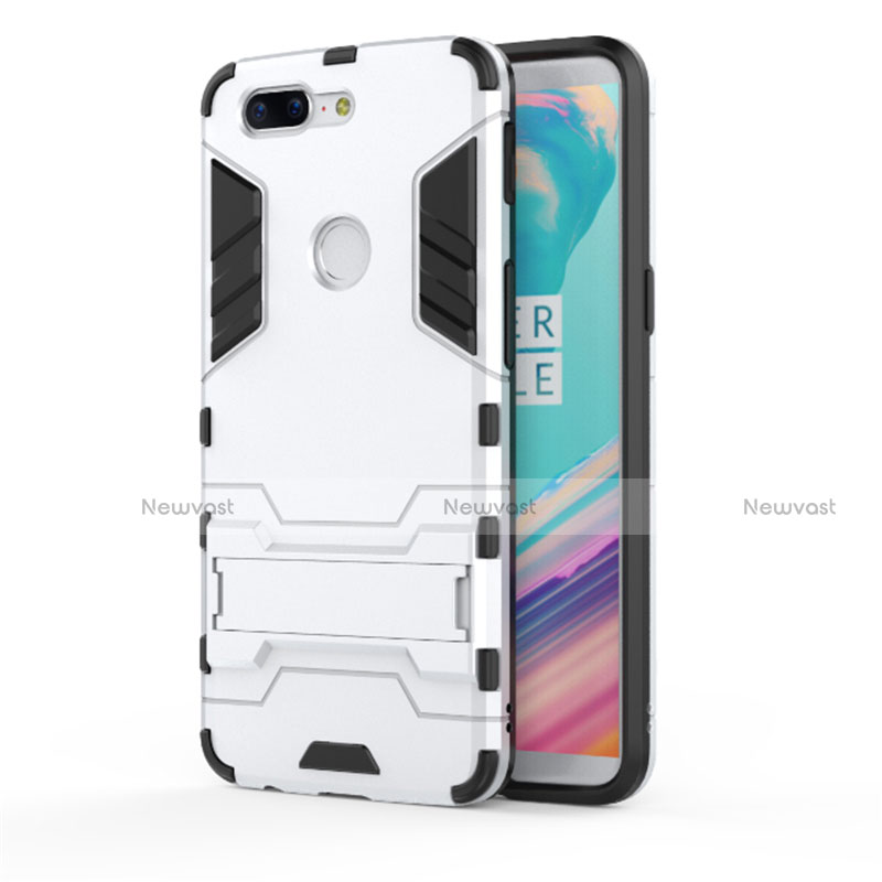 Silicone Matte Finish and Plastic Back Cover Case with Stand A01 for OnePlus 5T A5010 White