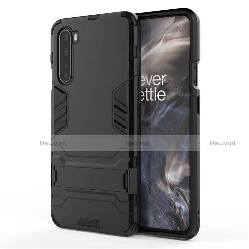 Silicone Matte Finish and Plastic Back Cover Case with Stand A01 for OnePlus Nord Black