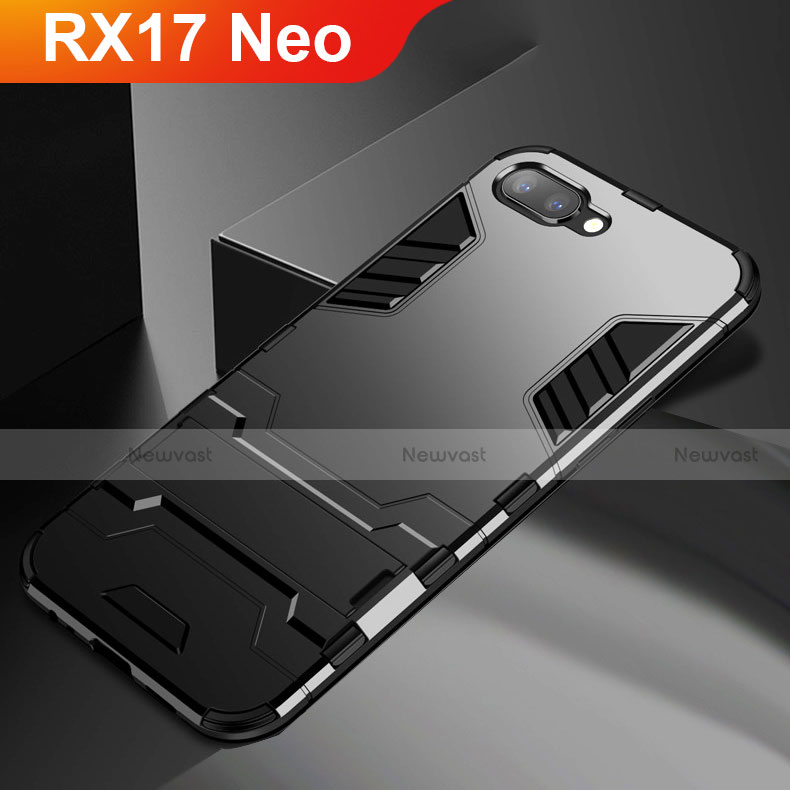Silicone Matte Finish and Plastic Back Cover Case with Stand A01 for Oppo RX17 Neo Black