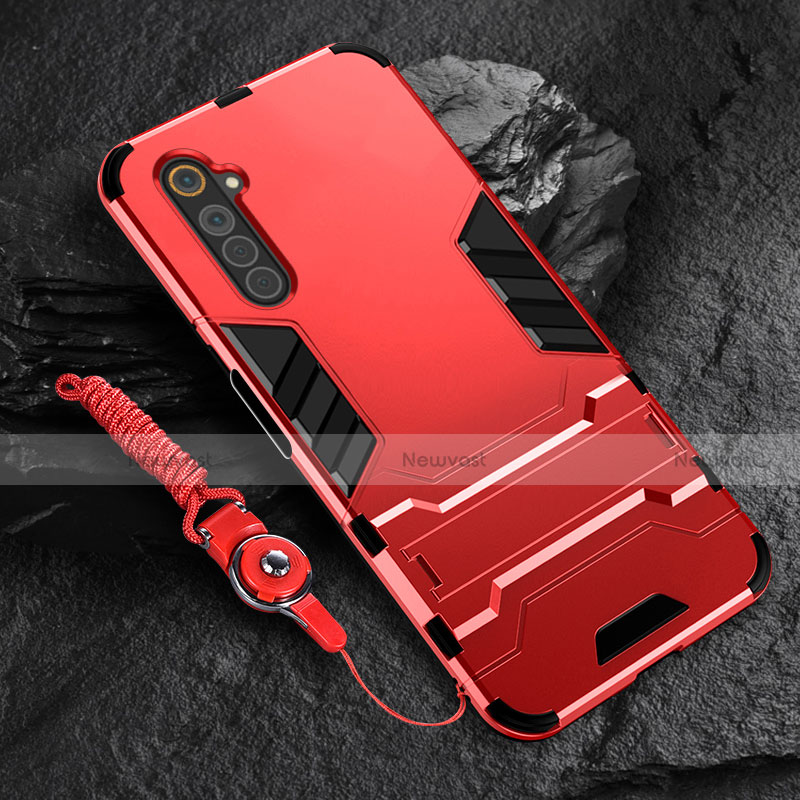 Silicone Matte Finish and Plastic Back Cover Case with Stand A01 for Realme 6s Red