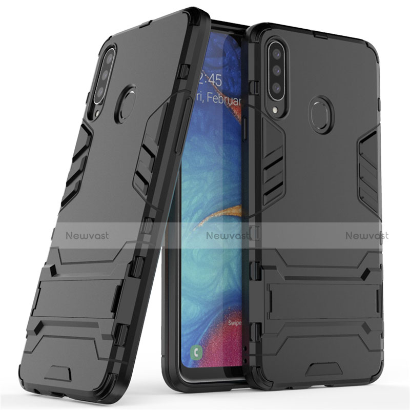 Silicone Matte Finish and Plastic Back Cover Case with Stand A01 for Samsung Galaxy A20s