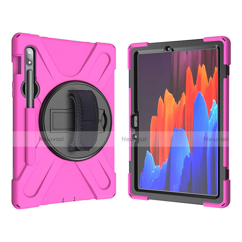 Silicone Matte Finish and Plastic Back Cover Case with Stand A01 for Samsung Galaxy Tab S7 11 Wi-Fi SM-T870 Hot Pink