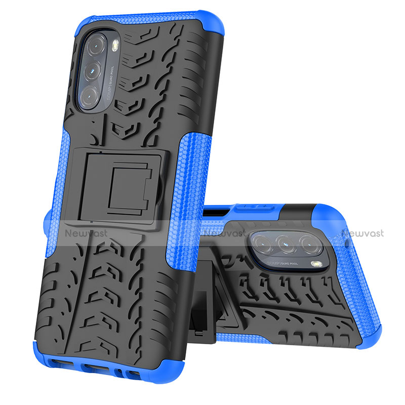 Silicone Matte Finish and Plastic Back Cover Case with Stand A02 for Motorola Moto G 5G (2022) Blue