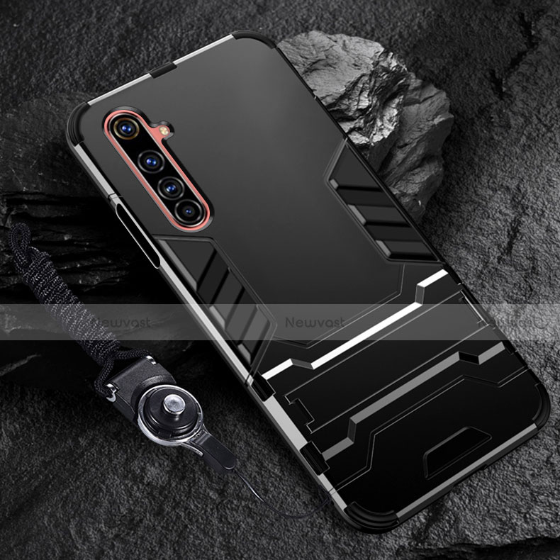 Silicone Matte Finish and Plastic Back Cover Case with Stand A02 for Realme 6 Pro Black
