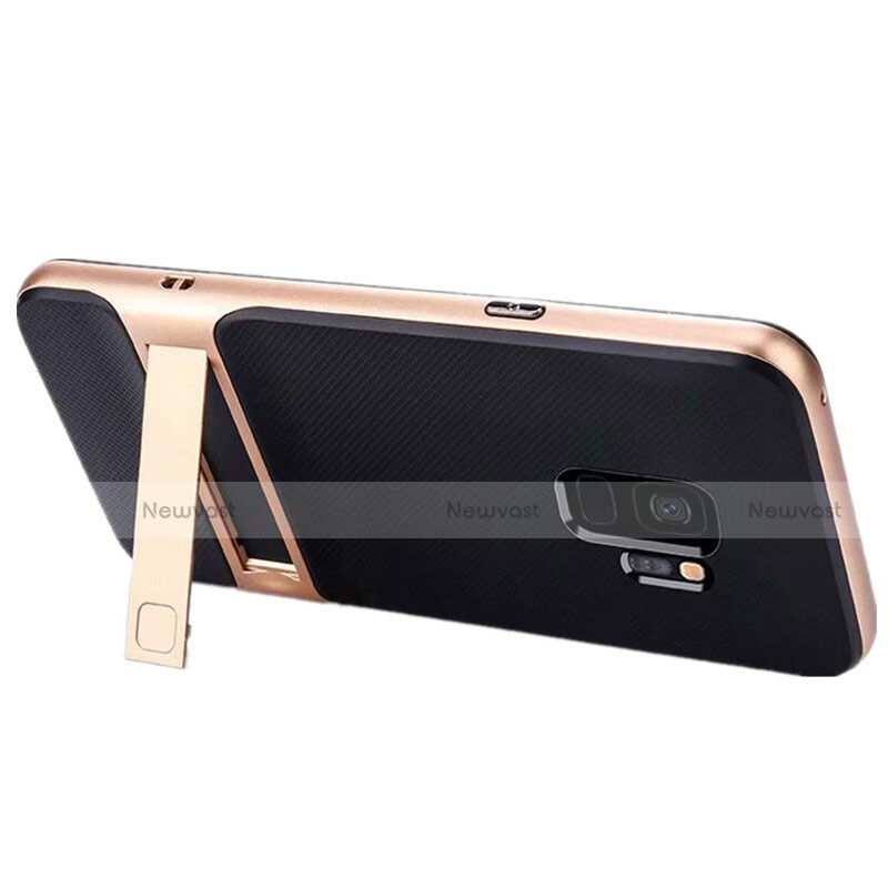 Silicone Matte Finish and Plastic Back Cover Case with Stand A02 for Samsung Galaxy S9 Gold