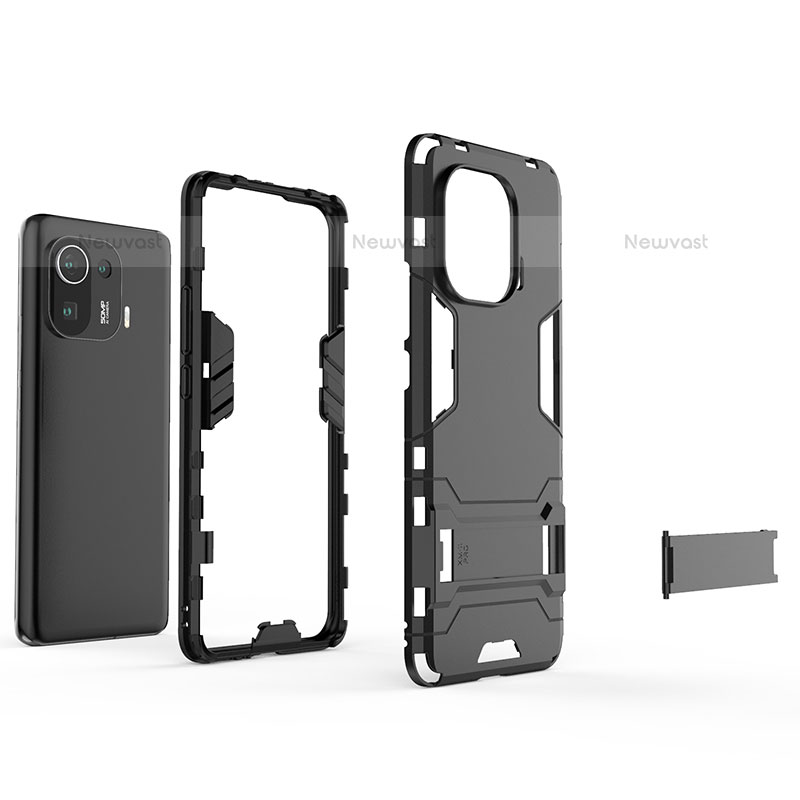 Silicone Matte Finish and Plastic Back Cover Case with Stand A02 for Xiaomi Mi 11 Pro 5G