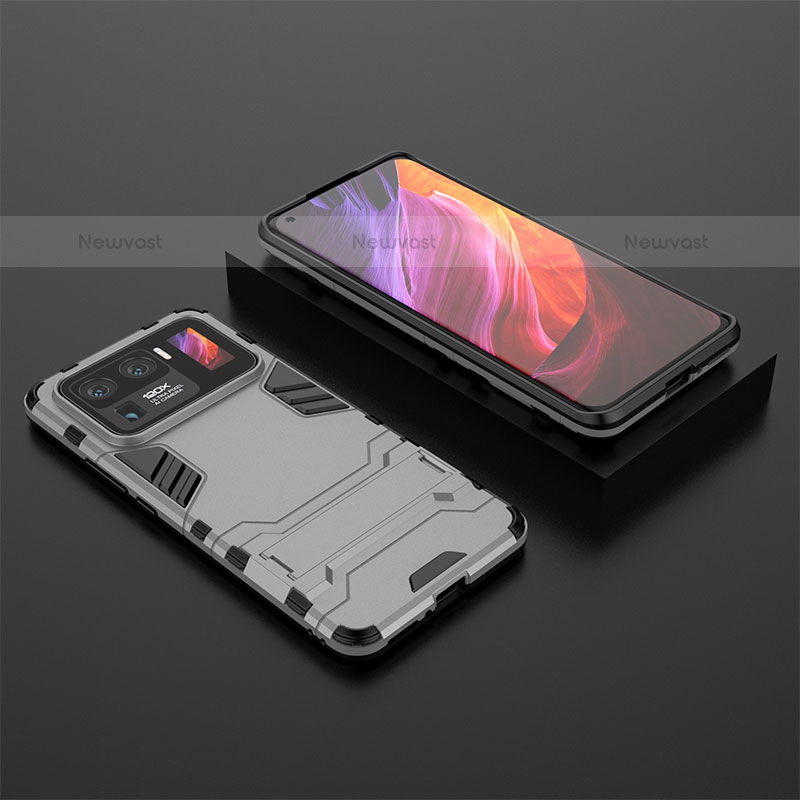 Silicone Matte Finish and Plastic Back Cover Case with Stand A02 for Xiaomi Mi 11 Ultra 5G Silver