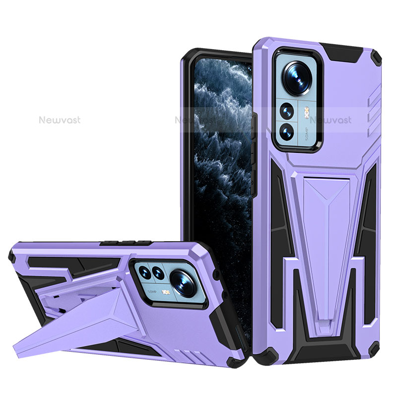 Silicone Matte Finish and Plastic Back Cover Case with Stand A02 for Xiaomi Mi 12 Pro 5G Purple