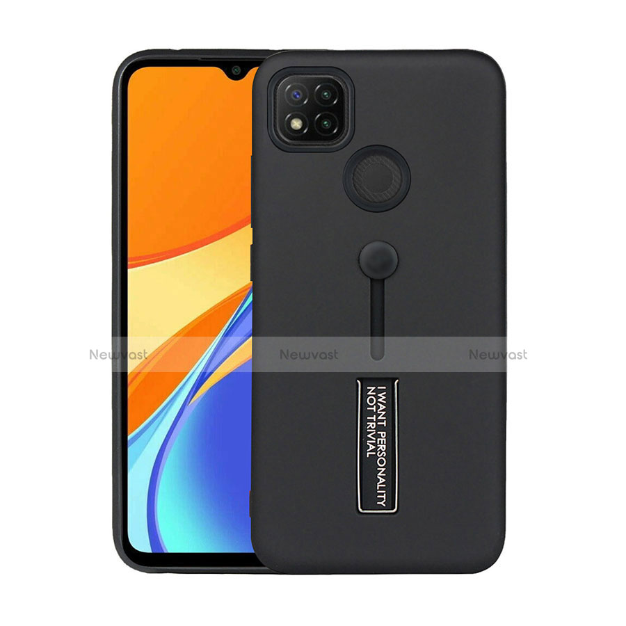 Silicone Matte Finish and Plastic Back Cover Case with Stand A03 for Xiaomi Redmi 9C Black
