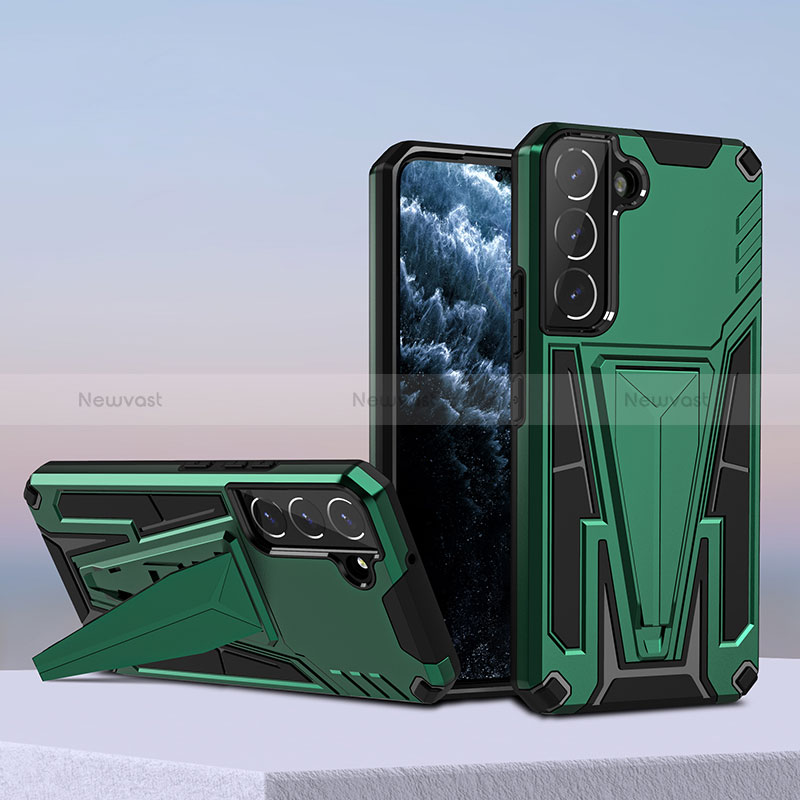 Silicone Matte Finish and Plastic Back Cover Case with Stand A04 for Samsung Galaxy S22 Plus 5G Green