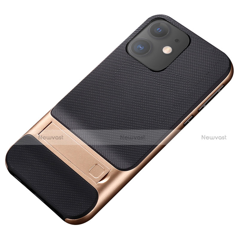 Silicone Matte Finish and Plastic Back Cover Case with Stand A05 for Apple iPhone 11 Gold and Black