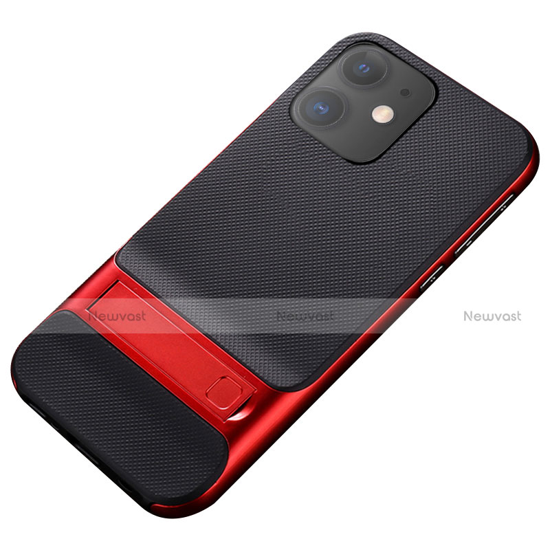 Silicone Matte Finish and Plastic Back Cover Case with Stand A05 for Apple iPhone 11 Red and Black