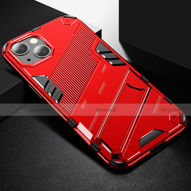 Silicone Matte Finish and Plastic Back Cover Case with Stand A05 for Apple iPhone 13