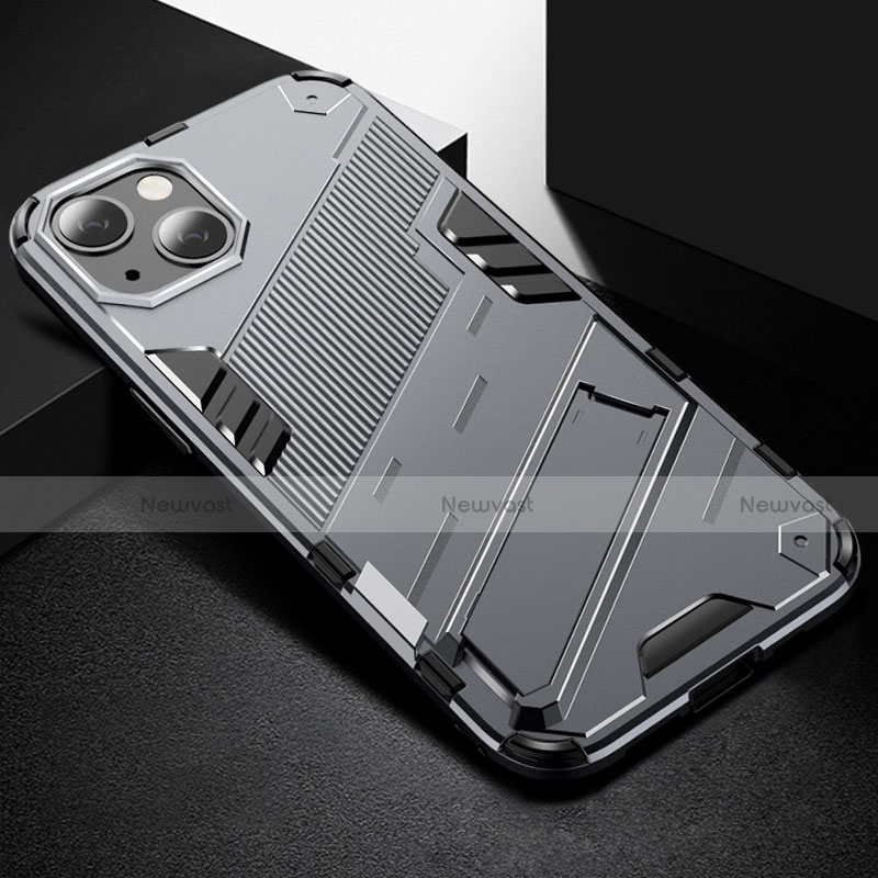 Silicone Matte Finish and Plastic Back Cover Case with Stand A05 for Apple iPhone 13 Gray