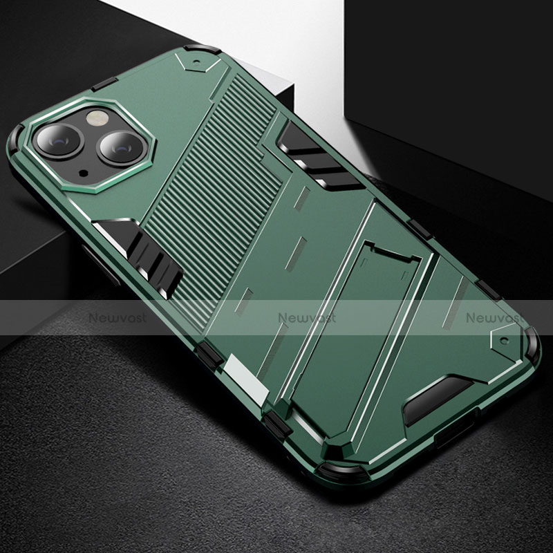 Silicone Matte Finish and Plastic Back Cover Case with Stand A05 for Apple iPhone 14 Green
