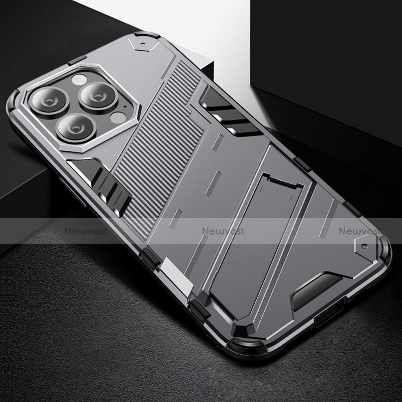 Silicone Matte Finish and Plastic Back Cover Case with Stand A05 for Apple iPhone 14 Pro Gray