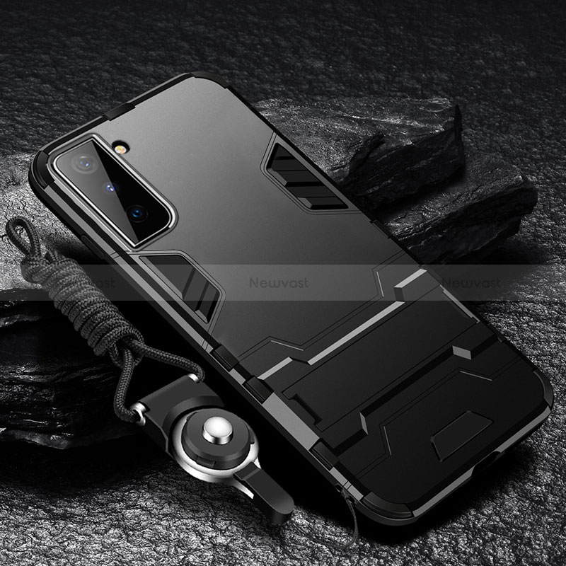 Silicone Matte Finish and Plastic Back Cover Case with Stand A05 for Samsung Galaxy S22 Plus 5G Black