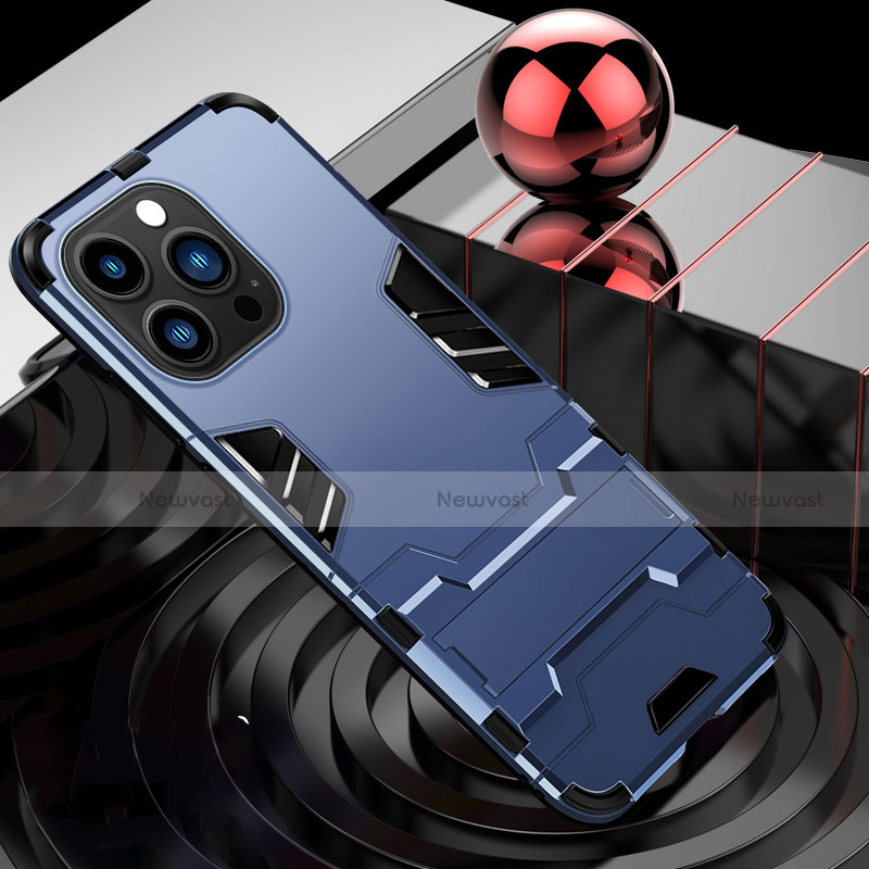 Silicone Matte Finish and Plastic Back Cover Case with Stand A06 for Apple iPhone 13 Pro Blue