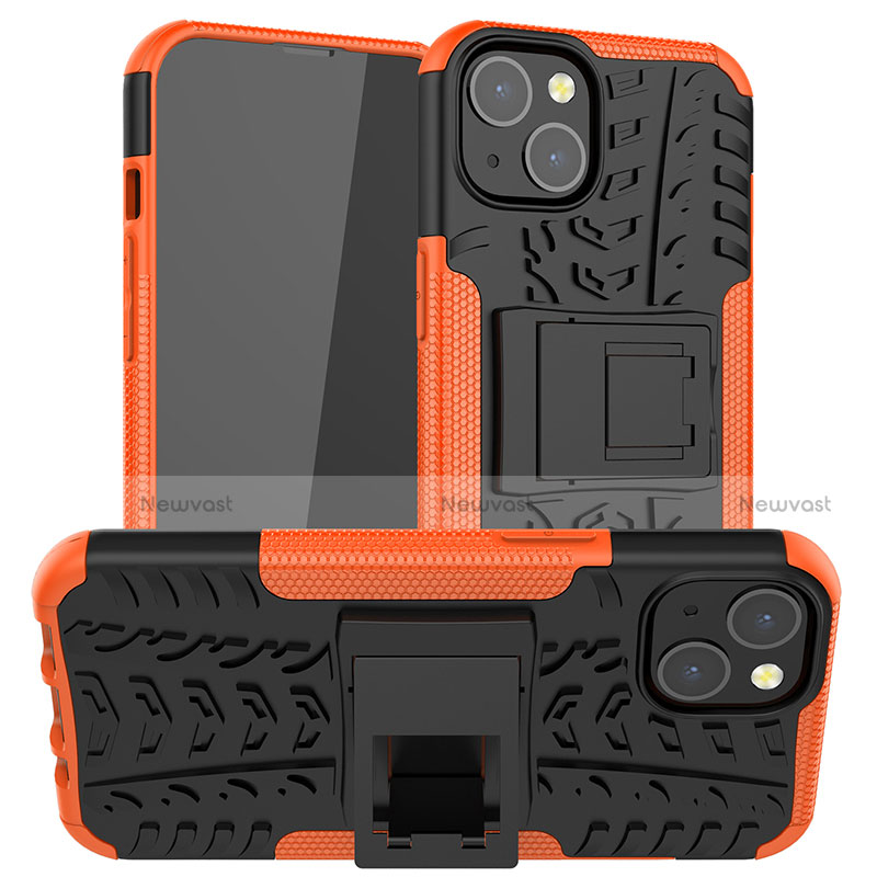 Silicone Matte Finish and Plastic Back Cover Case with Stand A07 for Apple iPhone 14 Orange