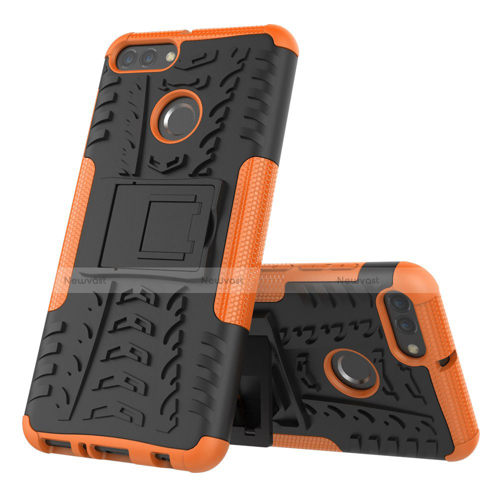 Silicone Matte Finish and Plastic Back Cover Case with Stand for Huawei Enjoy 8 Plus Orange