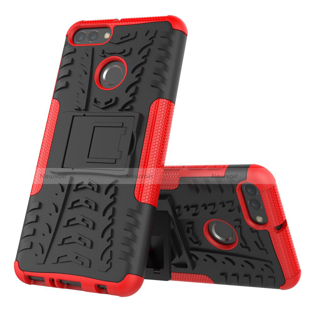 Silicone Matte Finish and Plastic Back Cover Case with Stand for Huawei Enjoy 8 Plus Red