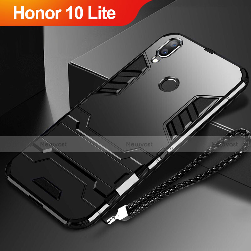 Silicone Matte Finish and Plastic Back Cover Case with Stand for Huawei Honor 10 Lite Black