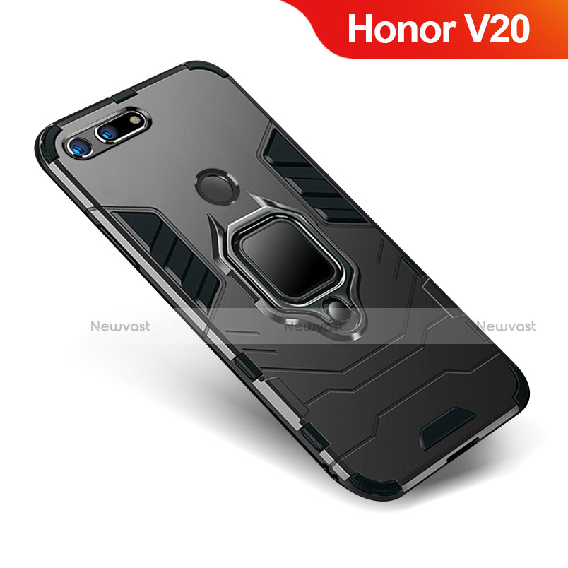 Silicone Matte Finish and Plastic Back Cover Case with Stand for Huawei Honor V20 Black