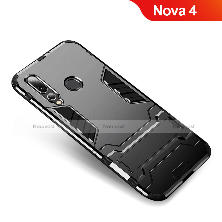 Silicone Matte Finish and Plastic Back Cover Case with Stand for Huawei Nova 4 Black