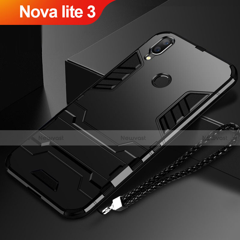 Silicone Matte Finish and Plastic Back Cover Case with Stand for Huawei Nova Lite 3 Black